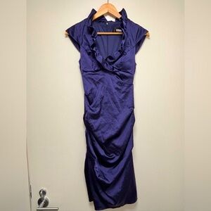BA NITES 13.5” PTP Gorgeous Ruched Midi Dress, Size 4, Blue/Purple.